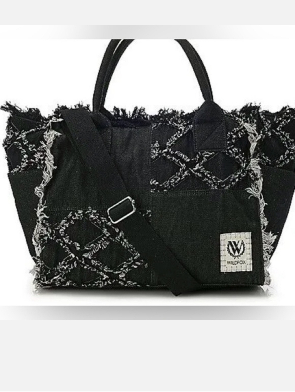 Wildfox Black Denim Tote with Frayed Cross-Stitch Detail